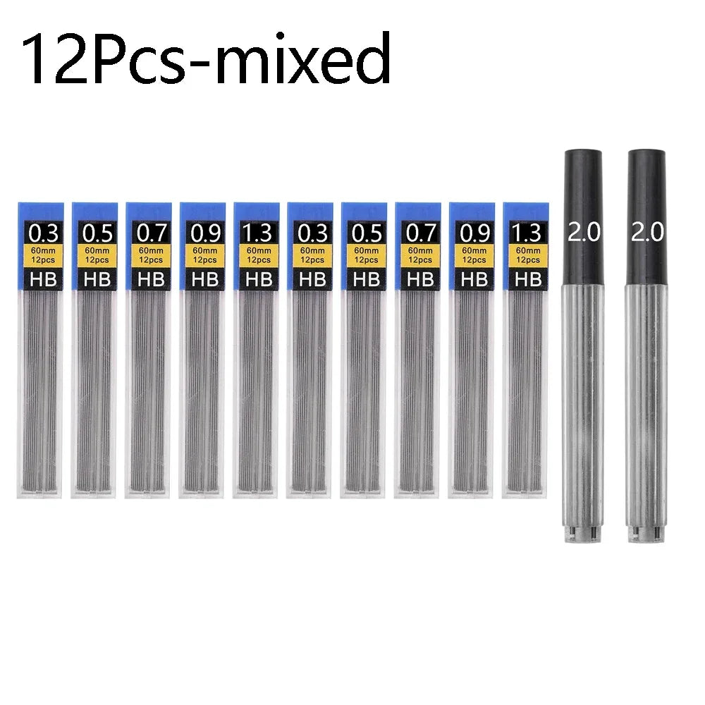 12Pcs-mixed Color Mechanical Pencil Lead Refills HB – 0.3 To 2.0 mm Sizes